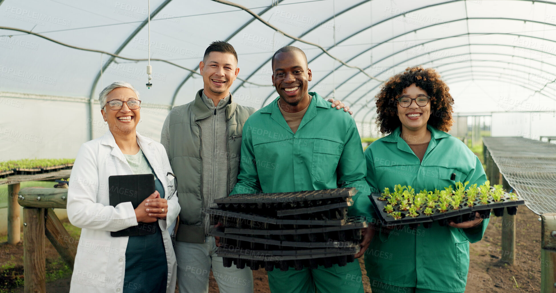 Buy stock photo Farmer, teamwork and people in greenhouse for agriculture, sustainability and gardening or farming with green plants. Food scientist, manager and people in happy portrait with eco friendly business