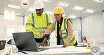 Engineering people, teamwork and laptop for construction site planning, floor plan and building design in warehouse. Industry man and senior woman with computer for architecture or blueprint solution
