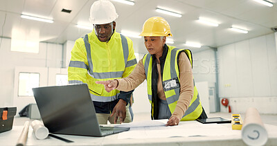 Buy stock photo Engineering people, teamwork and laptop for construction site planning, floor plan and building design in warehouse. Industry man and senior woman with computer for architecture or blueprint solution