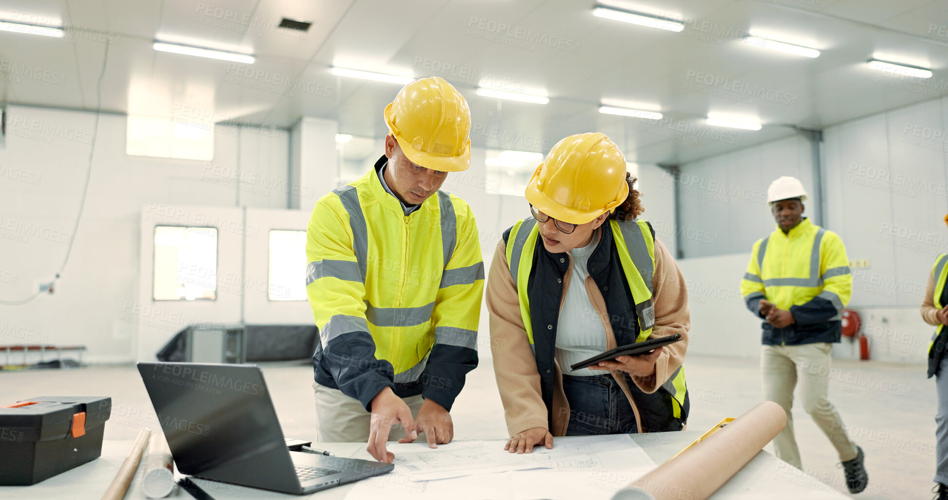 Buy stock photo Engineering people, blueprint and technology for construction site planning and building design in warehouse. Industrial worker and manager with tablet, laptop or teamwork for architecture floor plan