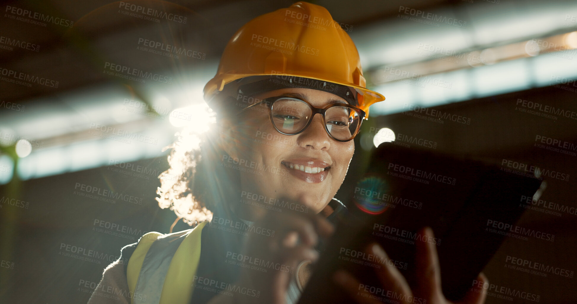 Buy stock photo Happy woman, engineer and tablet in warehouse for inspection, inventory or storage. Face of female person, architect or contractor smile on technology for quality control, communication or management