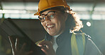 Happy woman, architect and tablet in warehouse for inspection, inventory or storage. Face of female person, engineer or contractor smile on technology for quality control, communication or management