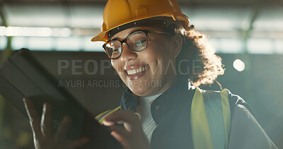 Buy stock photo Happy woman, architect and tablet in warehouse for inspection, inventory or storage. Face of female person, engineer or contractor smile on technology for quality control, communication or management