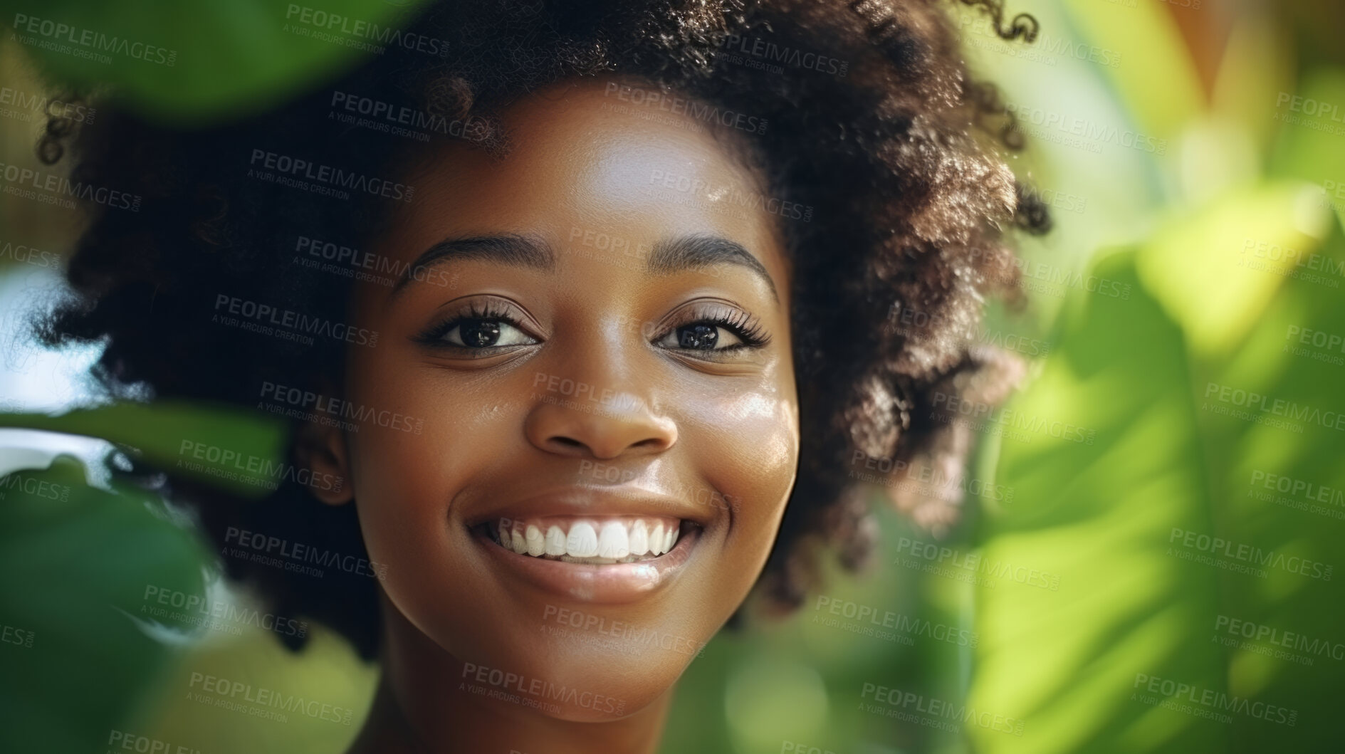 Buy stock photo Happy woman with radiant health skin. Portrait of young female surrounded by plants