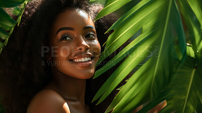 Happy woman with radiant health skin. Portrait of young female surrounded by plants