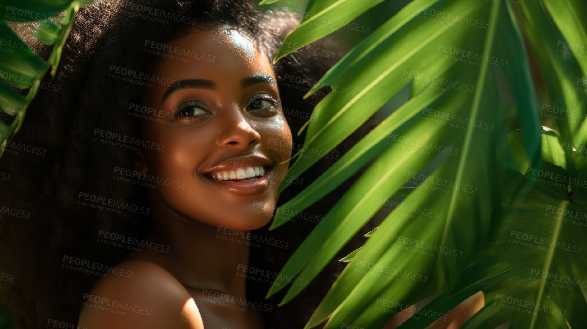 Buy stock photo Happy woman with radiant health skin. Portrait of young female surrounded by plants