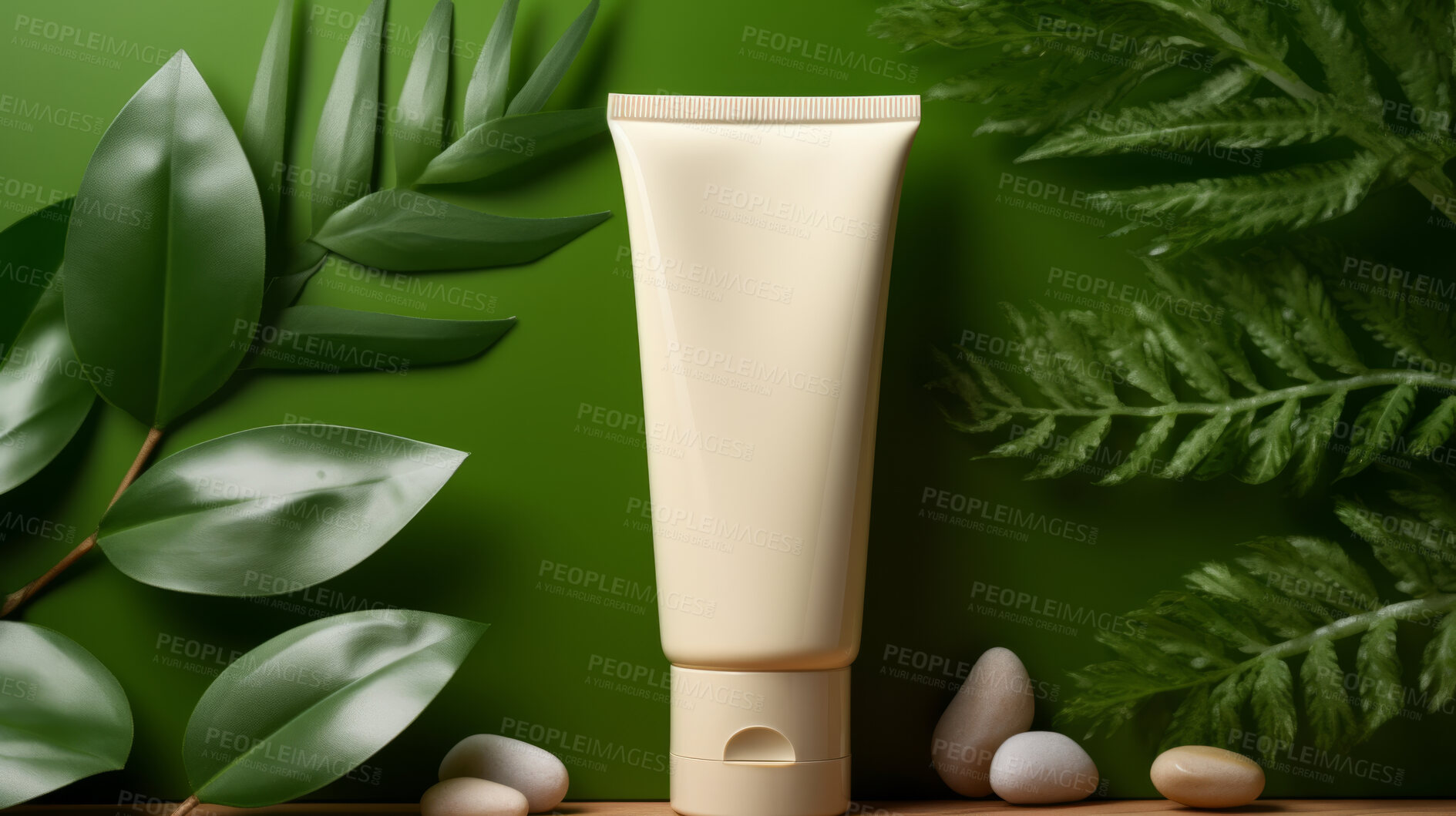 Buy stock photo Beige blank tube container on a green leafy backdrop. For organic or eco friendly product