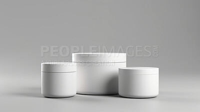 Buy stock photo Various beauty product containers, for hygiene, health and skin care, grey background