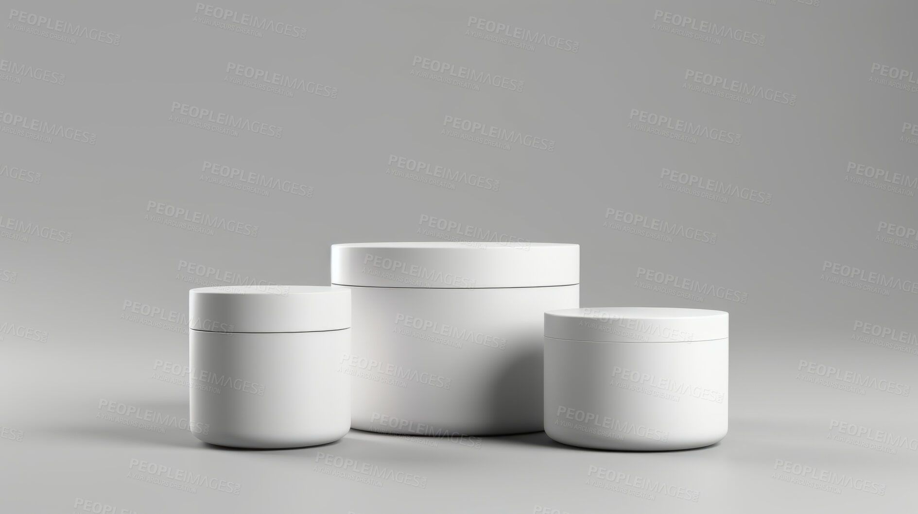 Buy stock photo Various beauty product containers, for hygiene, health and skin care, grey background