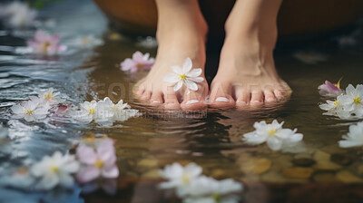 Close-up of manicured feet in foot spa. Beauty spa for treatment and relaxation