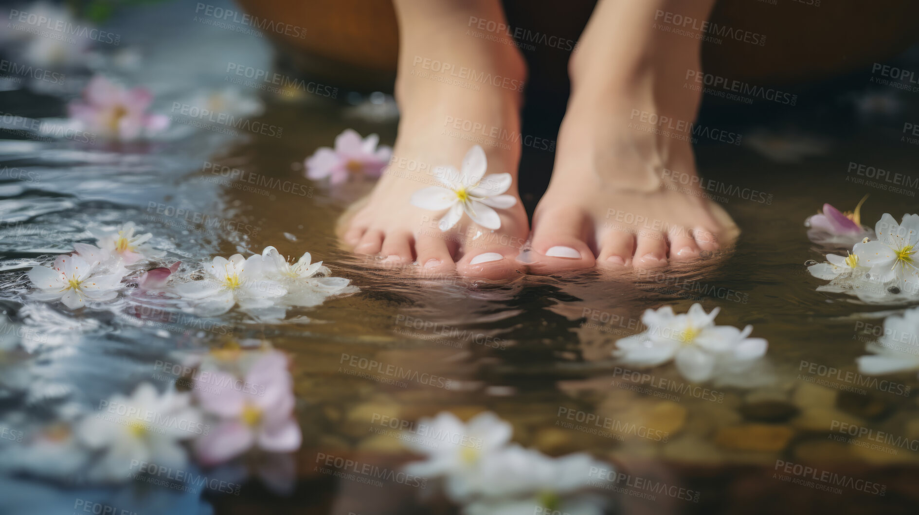 Buy stock photo Close-up of manicured feet in foot spa. Beauty spa for treatment and relaxation