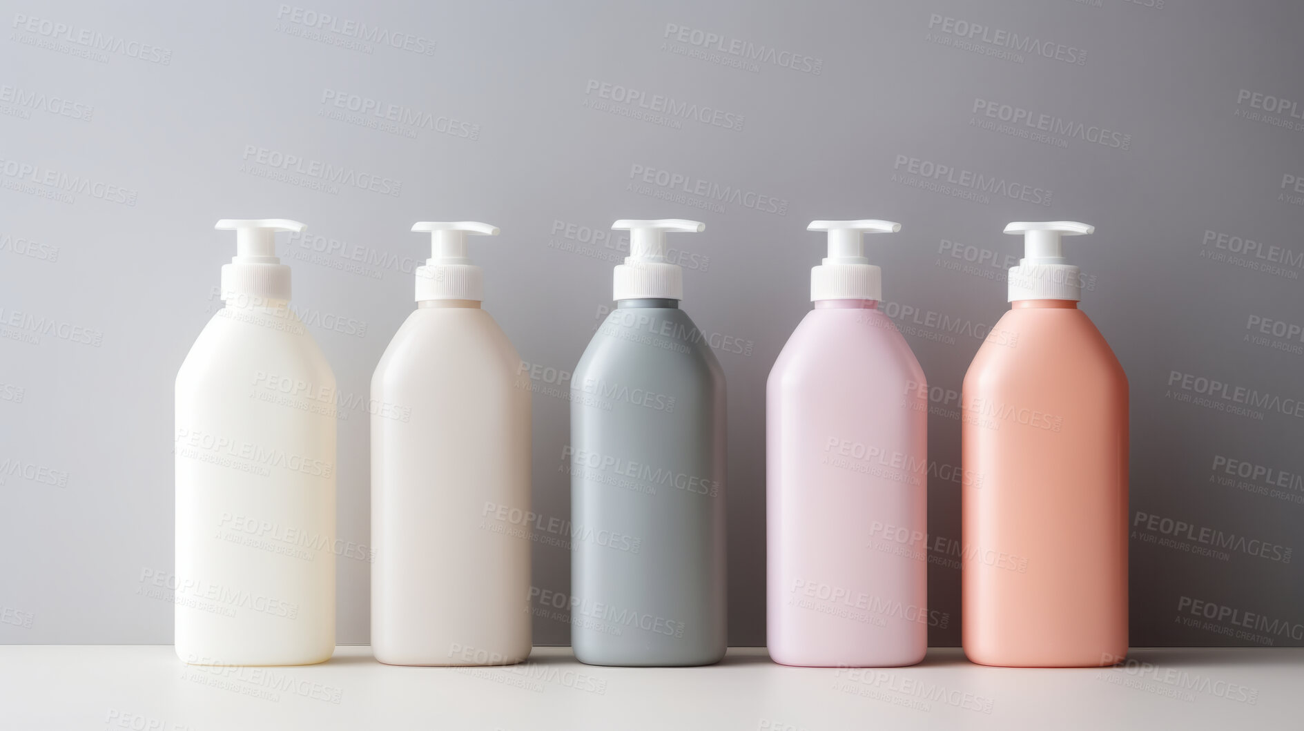 Buy stock photo Plastic hand-wash or shampoo bottles. Blank empty colorful bottles for branding