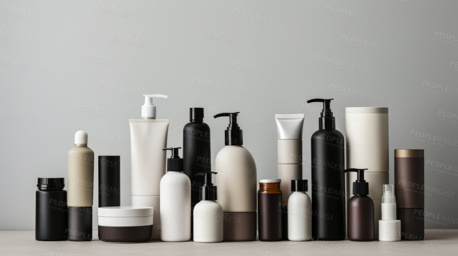 Buy stock photo Various beauty product containers, for hygiene, health and skin care, grey background