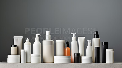 Various beauty product containers, for hygiene, health and skin care, grey background