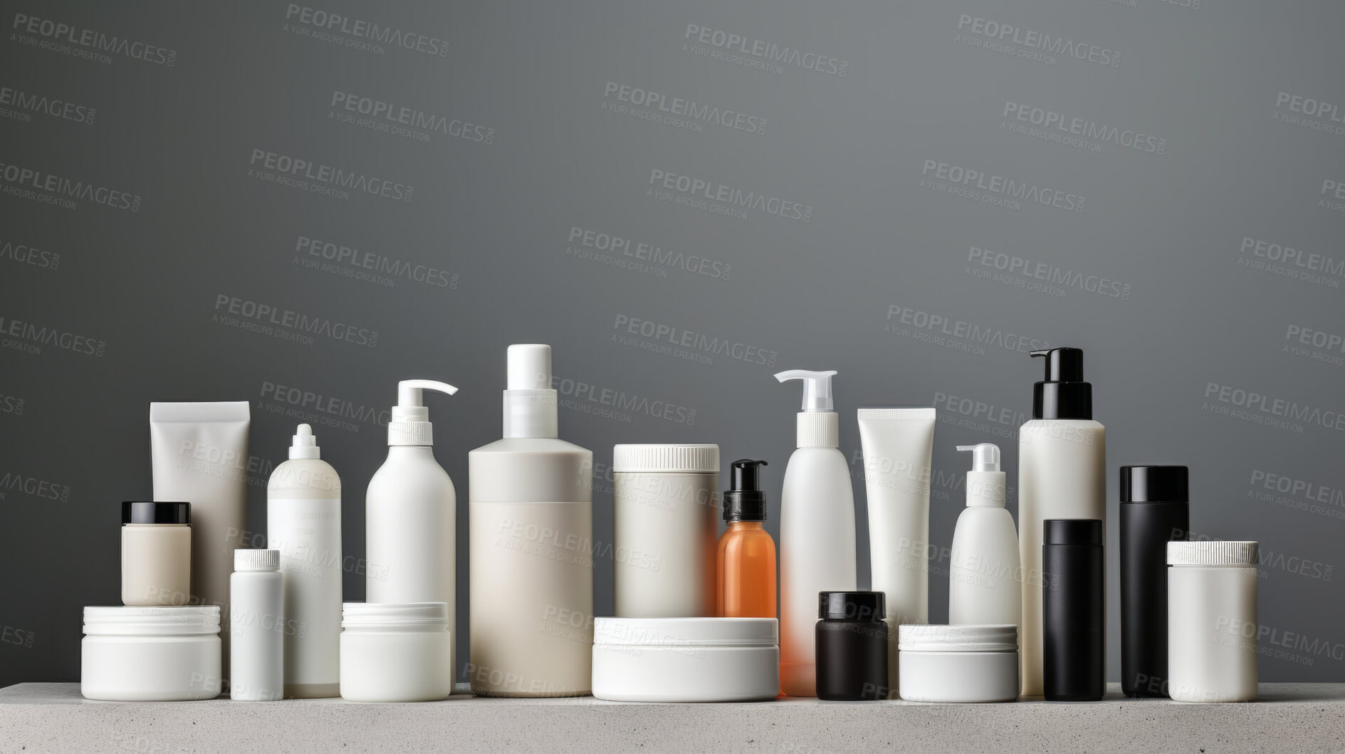 Buy stock photo Various beauty product containers, for hygiene, health and skin care, grey background