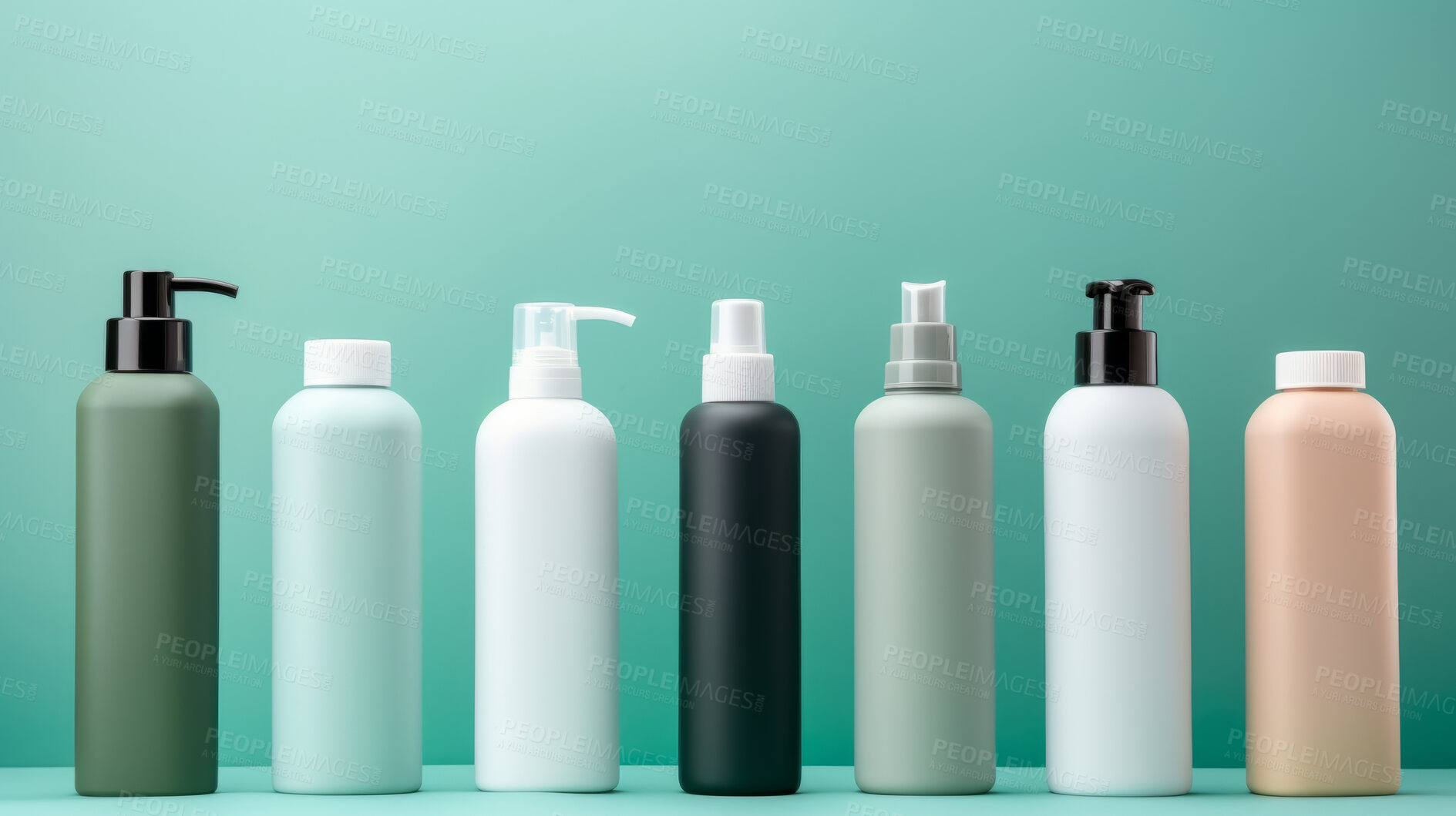 Buy stock photo Plastic hand-wash or shampoo bottles. Blank empty colorful bottles for branding