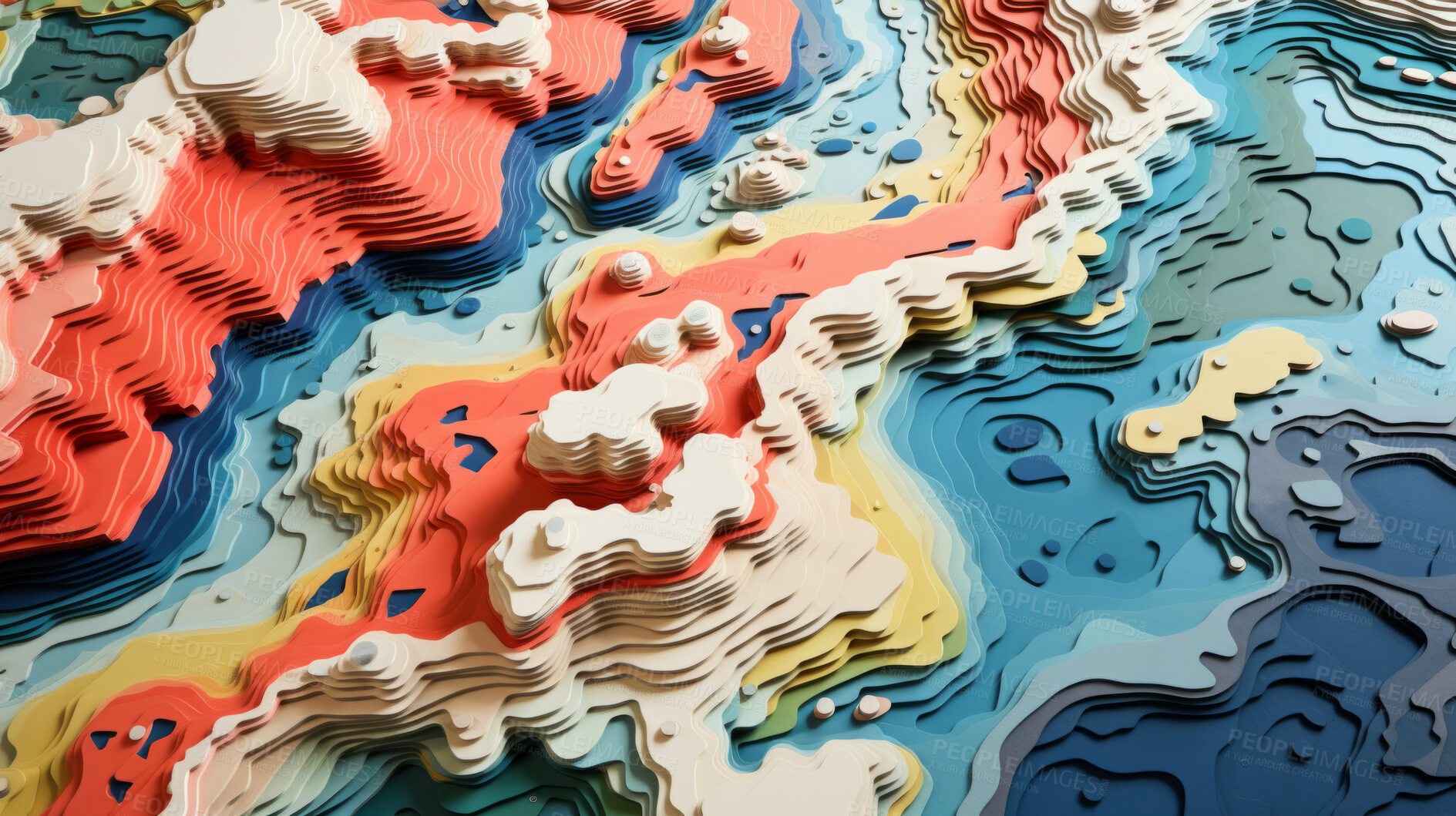 Buy stock photo Abstract topographic map landscape. Paper cutout style of mountain and river