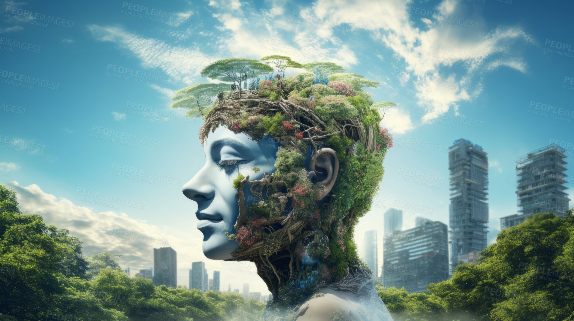 Buy stock photo Head sculpture covered in plants. Sustainability, green energy and eco friendly concept