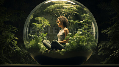 Meditation in a glass ball or sphere of consciousness in nature. Mental health concept