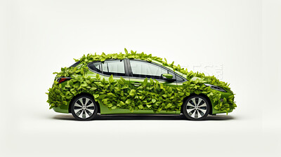 Vehicle or car covered in leaves. Green energy and sustainability concept on a white background