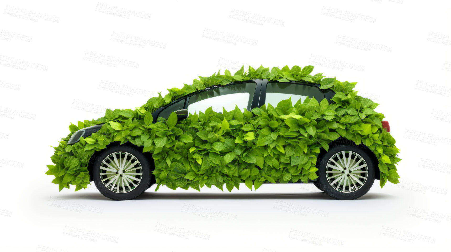 Buy stock photo Vehicle or car covered in leaves. Green energy and sustainability concept on a white background