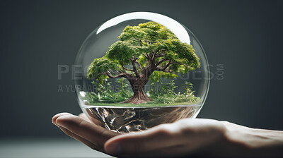 Hand holding a tree enclosed in glass ball. Environmental and sustainability concept
