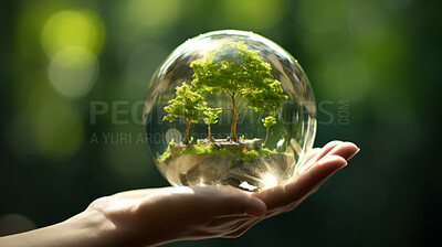 Hand holding a tree enclosed in glass ball. Environmental and sustainability concept