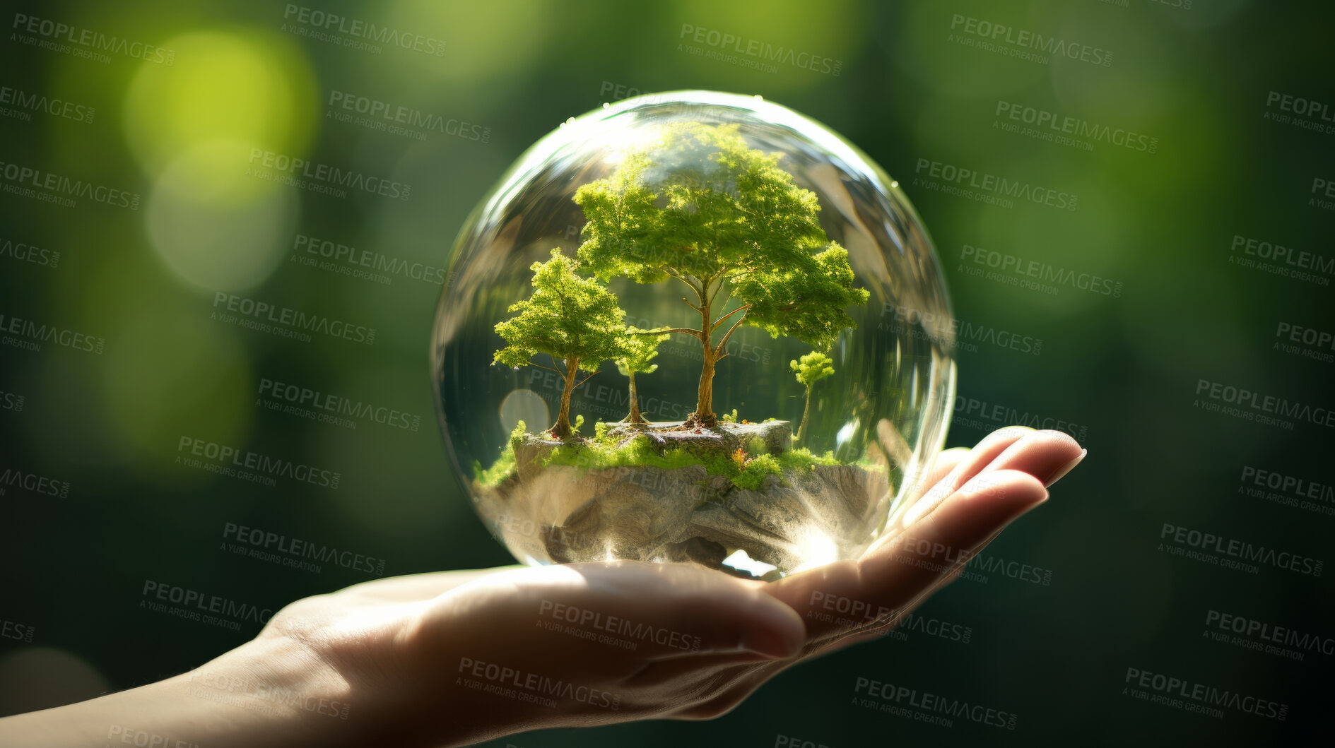 Buy stock photo Hand holding a tree enclosed in glass ball. Environmental and sustainability concept