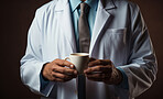 Anonymous mid-shot of doctor holding a cup of coffee. Studio shot.