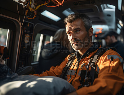 Buy stock photo Paramedic seen in the back of ambulance. Candid shot. Emergency concept.