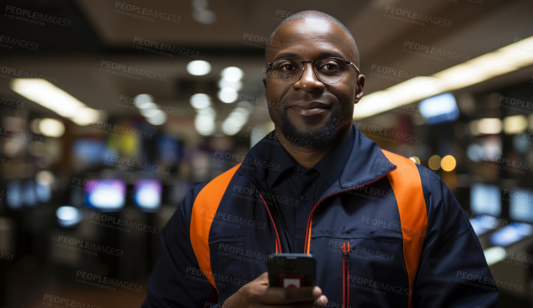 Buy stock photo Paramedic smiling at camera with phone in hand. Screens and light in background.