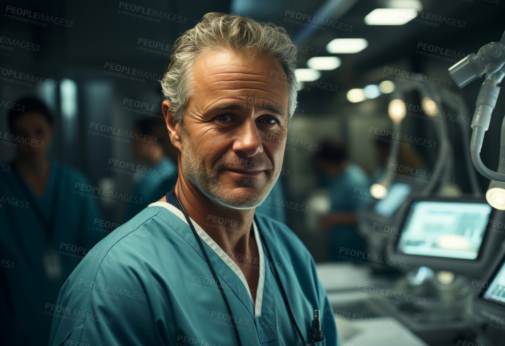 Buy stock photo Happy surgeon smiling at camera in surgery. Medical concept.