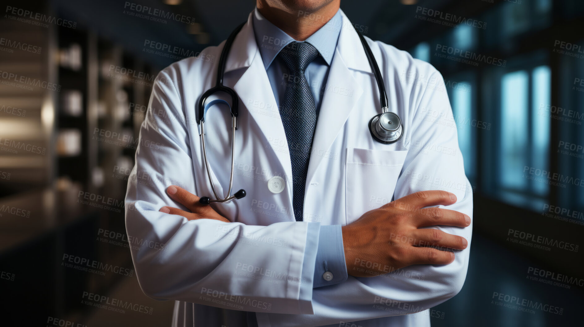 Buy stock photo Doctor posing, arms folded in hospital. Medical concept.