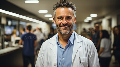 Buy stock photo Happy doctor posing, arms folded in hospital reception. Medical concept.