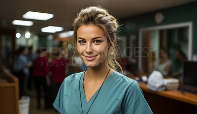 Buy stock photo Happy young nurse posing in hospital reception. Medical concept.