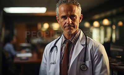 Buy stock photo Doctor posing in hospital reception. Medical concept.