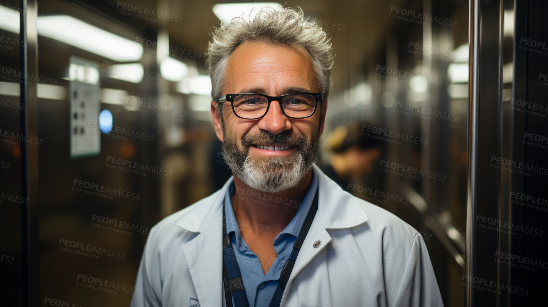 Buy stock photo Candid shot of doctor posing in hospital elevator. Medical concept.