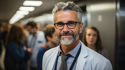 Buy stock photo Candid shot of doctor posing in hospital elevator. Medical concept.