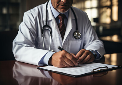 Anonymous doctor sitting at desk. Doctor filling out form. Medical concept.