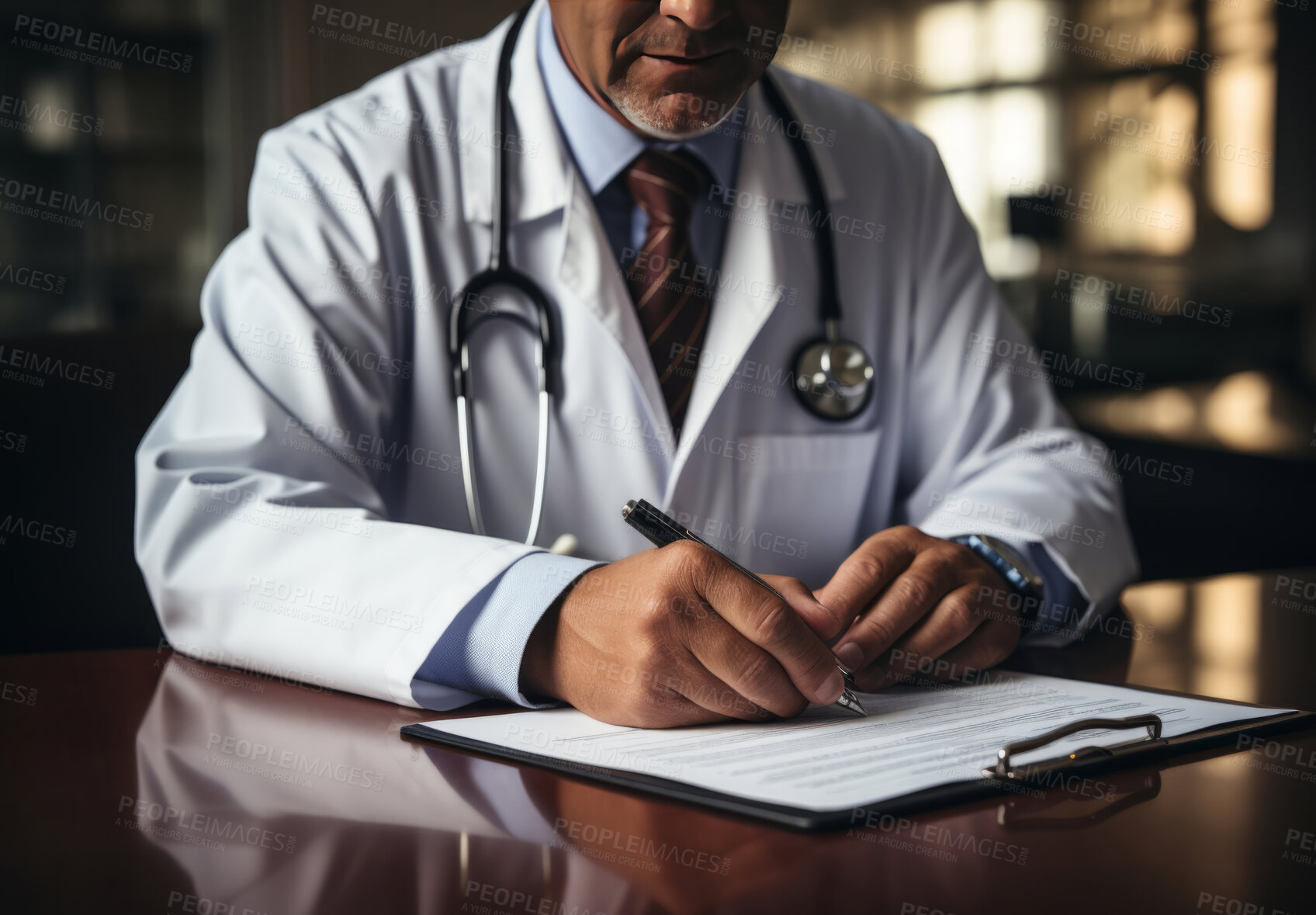 Buy stock photo Anonymous doctor sitting at desk. Doctor filling out form. Medical concept.