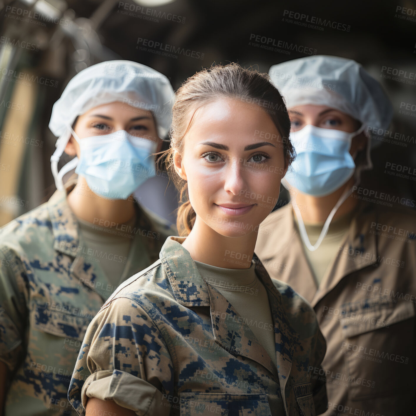 Buy stock photo Army medics posing in medical tent on battlefield during war. Medical staff concept.