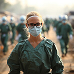 Medics posing on battlefield. Medical staff concept.