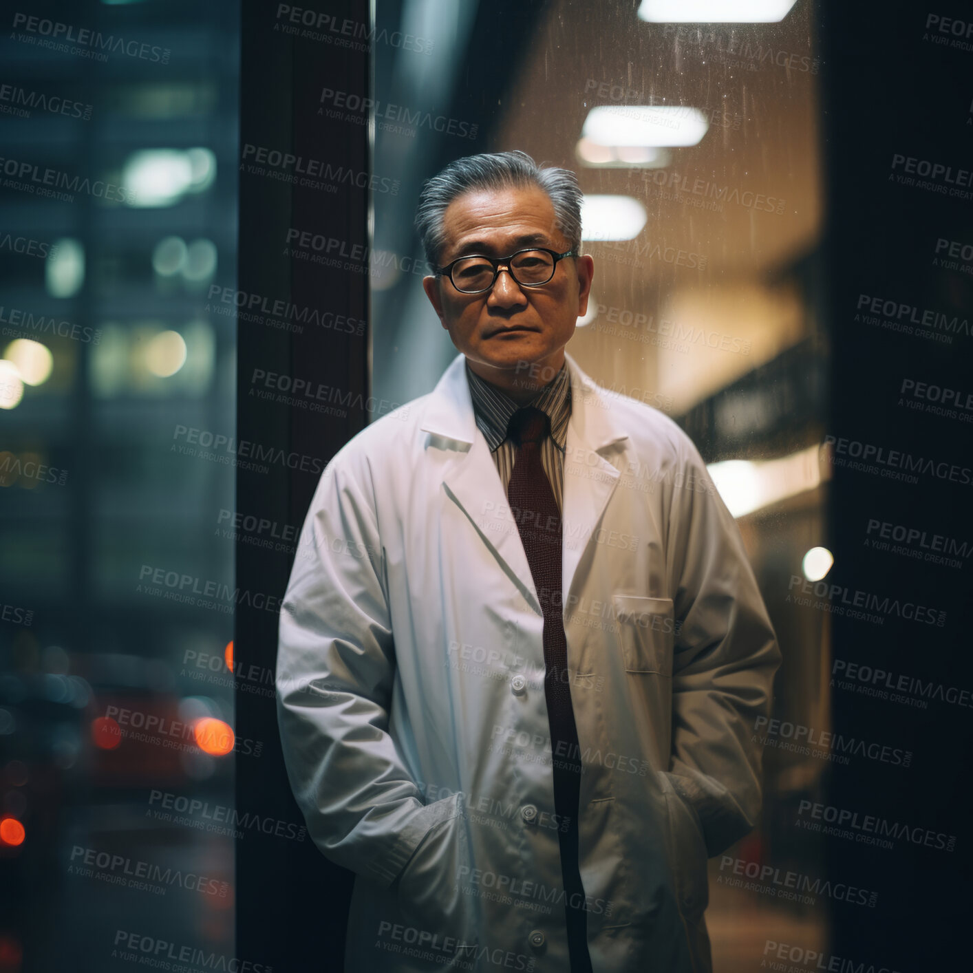 Buy stock photo Senior doctor posing in hospital next to large window. Medical concept.