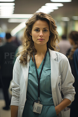 Buy stock photo Attractive young doctor in hospital hallway. Candid shot. Medical concept.