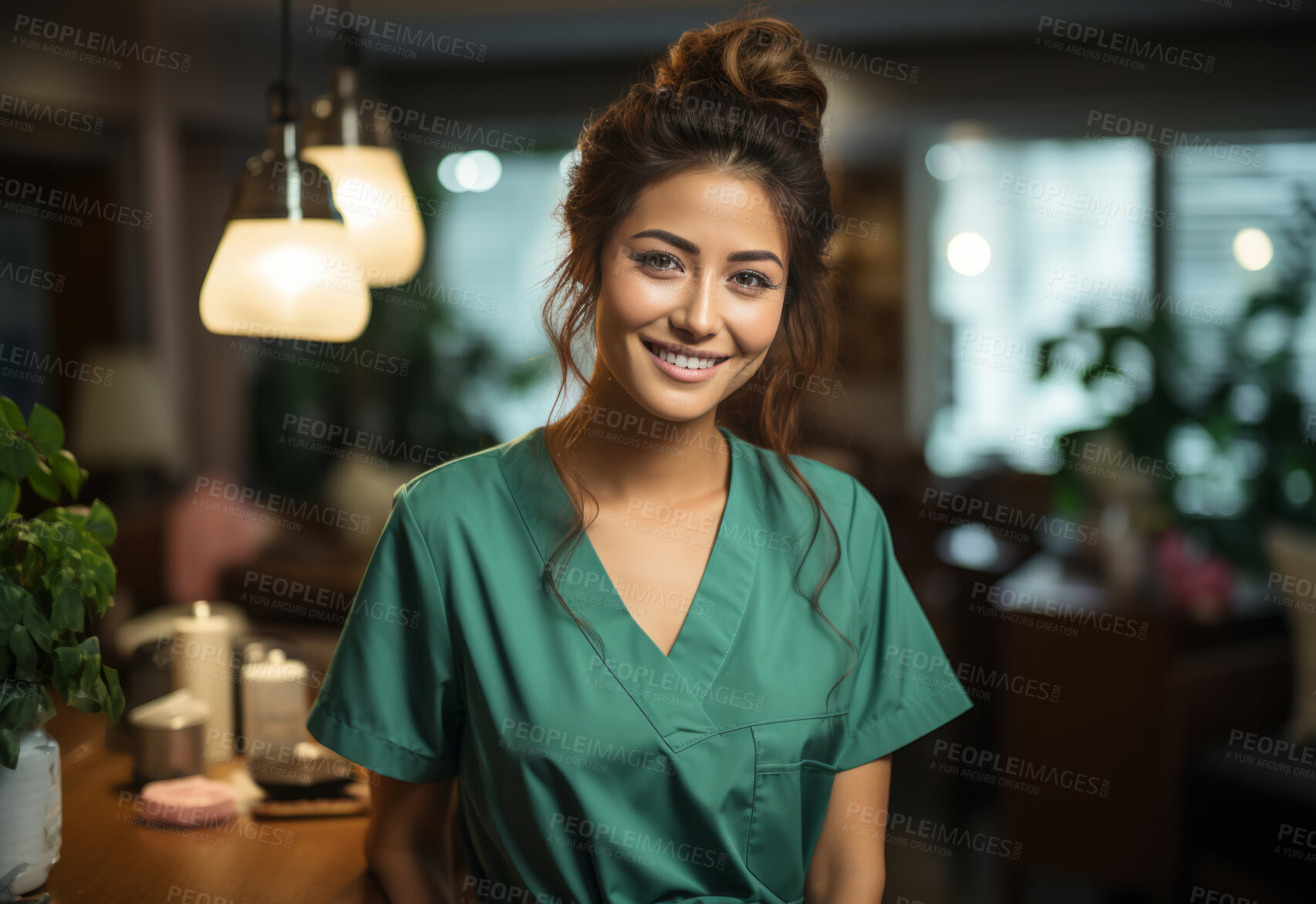 Buy stock photo Home based nurse posing with in senior home. Medical staff concept.