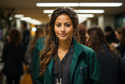 Attractive young nurse posing in hospital reception. Medical concept.