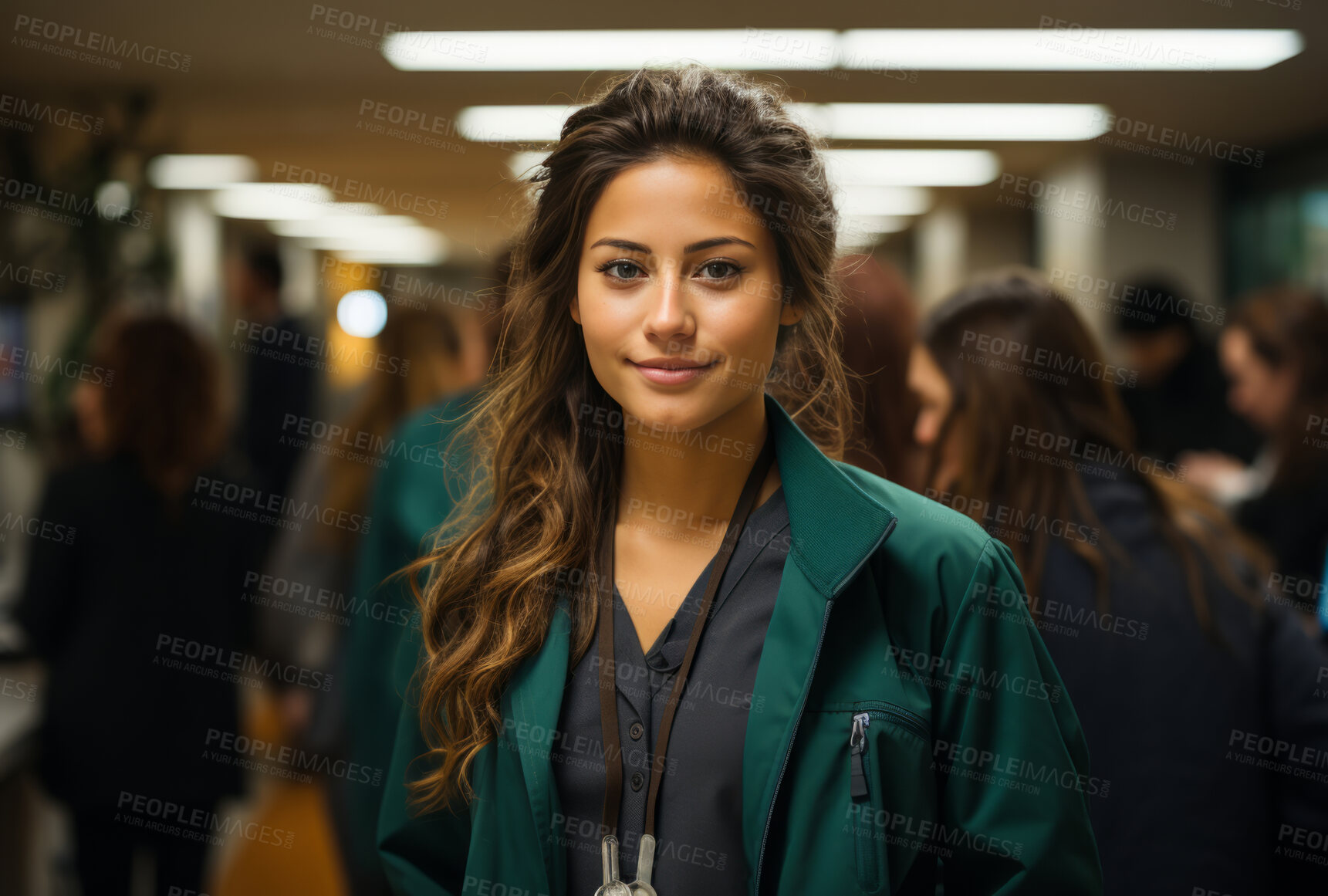 Buy stock photo Attractive young nurse posing in hospital reception. Medical concept.