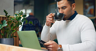 Man, coffee shop drink and phone for social media, laptop planning and remote work at small business. Freelancer or customer typing on his mobile for chat with espresso review at cafe or restaurant