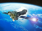 Space earth and satellite in orbit for surveillance, communication and global research. Aerospace, engineering and spacecraft for data transmission, tracking and navigation for planet observation.