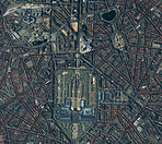City, buildings and aerial of road for map with street lines, residential and town architecture. Landscape, geography and satellite, top view and atmosphere for urban development, globe and terrain